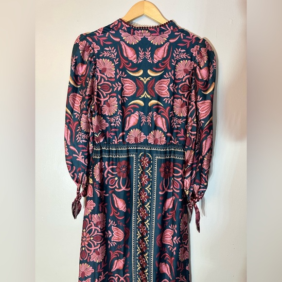 FARM Rio Teal Maxi Dress with Pink Floral Print 3/4 length Sleeve Boho Size S - Picture 3 of 11